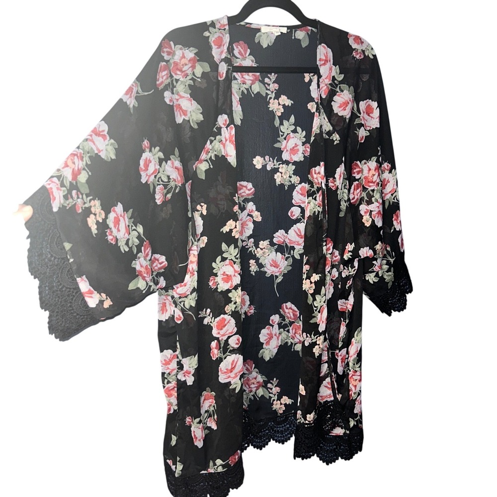 Maurices Kimono Floral Boho Lace Trim Chiffon Women XL Black Boho Oversized